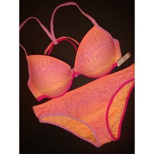 Victoria's Secret 34C BIKINI+S bottom Orange pink lilac CROCHET lace WARM OMBRE